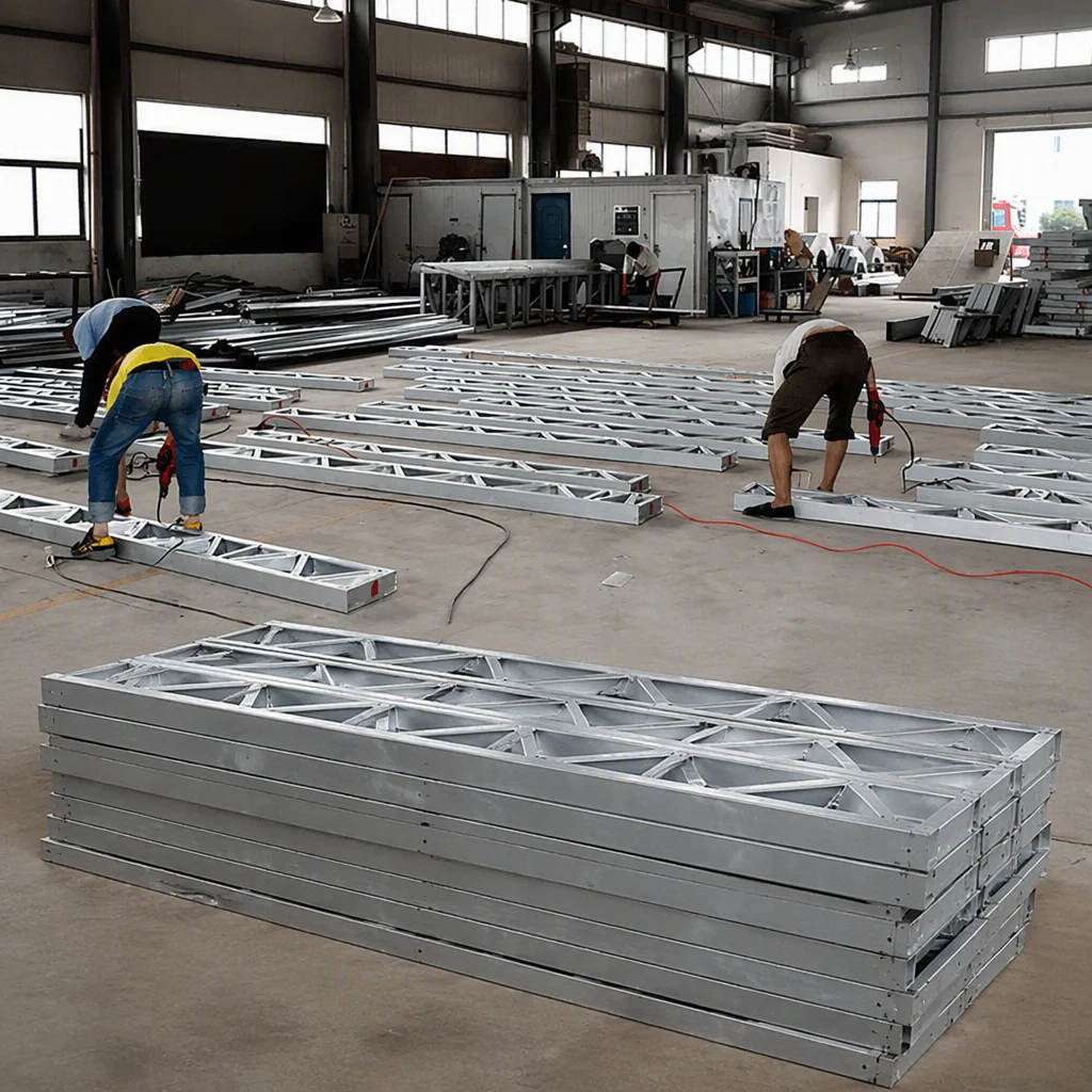 Panelized 2D wall panels being assembled on site with crane, showing flat-packed delivery efficiency