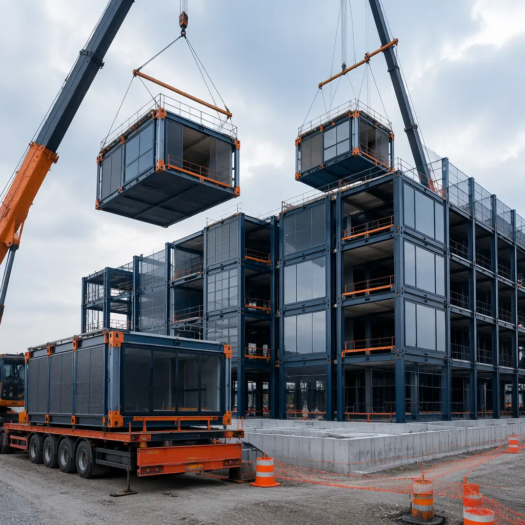 Modern modular commercial building exterior with geometric facade, steel frame structure visible, clean architectural lines, navy accents and warm steel orange structural details, factory-installed prefabricated modules