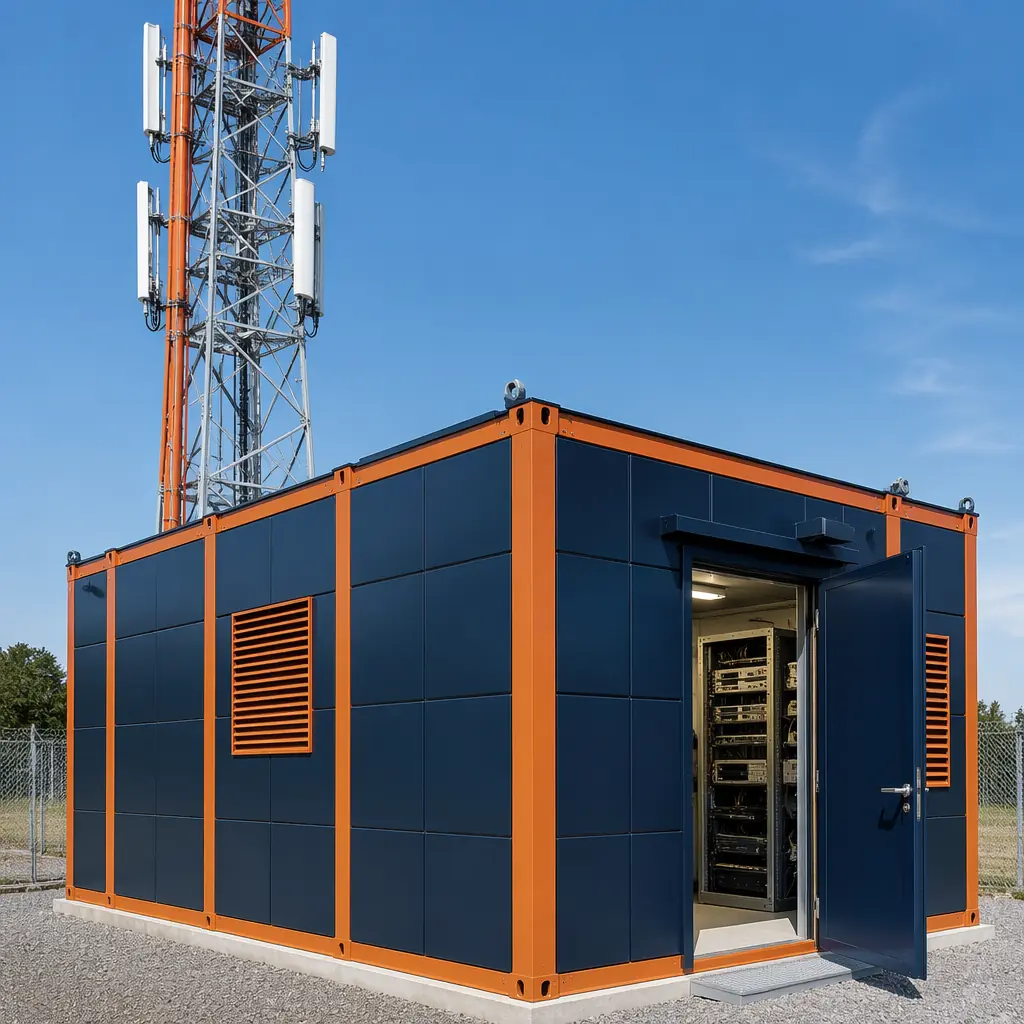 Modular telecom shelter exterior at 5G tower base, prefabricated steel frame enclosure with equipment racks visible through access door, module seams on prefab walls, dark navy and warm steel accents, clean geometric lines