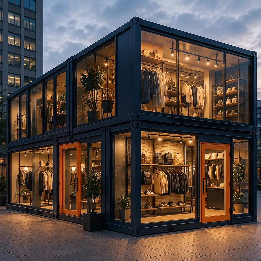 Modern pop-up retail store built from modular prefabricated units, glass facade with brand signage, located in urban plaza, contemporary design with steel frame construction, temporary commercial installation, warm evening lighting, clean geometric lines, modular building modules visible