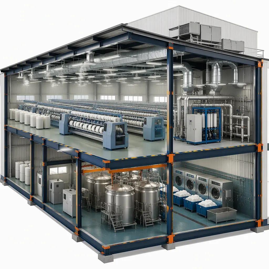 Photorealistic 3D cross-section render of modular textile manufacturing facility, showing climate-controlled spinning hall with humidification skid and ducted HVAC, carding and ring-frame rows on precision floor, separate seam-sealed dye-house wet area, clean engineering visualization, no text, no labels