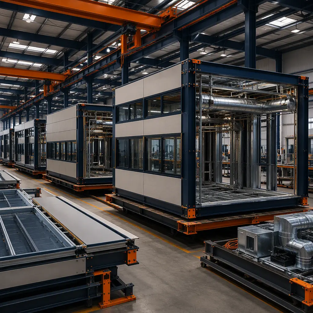 Factory floor of modular prefabricated construction facility, steel-frame textile mill modules being fabricated with pre-installed ductwork and electrical, wall panels with glazed bands assembled on assembly line, dark navy and warm steel orange accents, no people faces, no text
