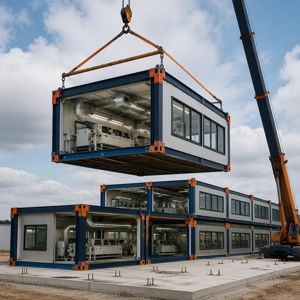 Crane lifting prefabricated steel-frame textile manufacturing module with pre-installed HVAC and ductwork onto concrete slab at construction site, modules with window bands staged for connection, module seams visible, dark navy steel with warm orange accents, no people faces, no text