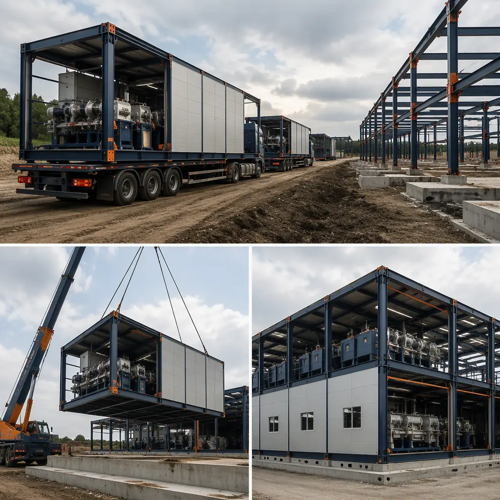Prefabricated textile mill modules arriving on flatbed trucks at production site, crane positioning steel-frame production hall module onto prepared slab, boom lift rigging module with pre-installed glazed window band, module seams visible, dark navy steel with warm orange accents, no people faces, no text, no logos