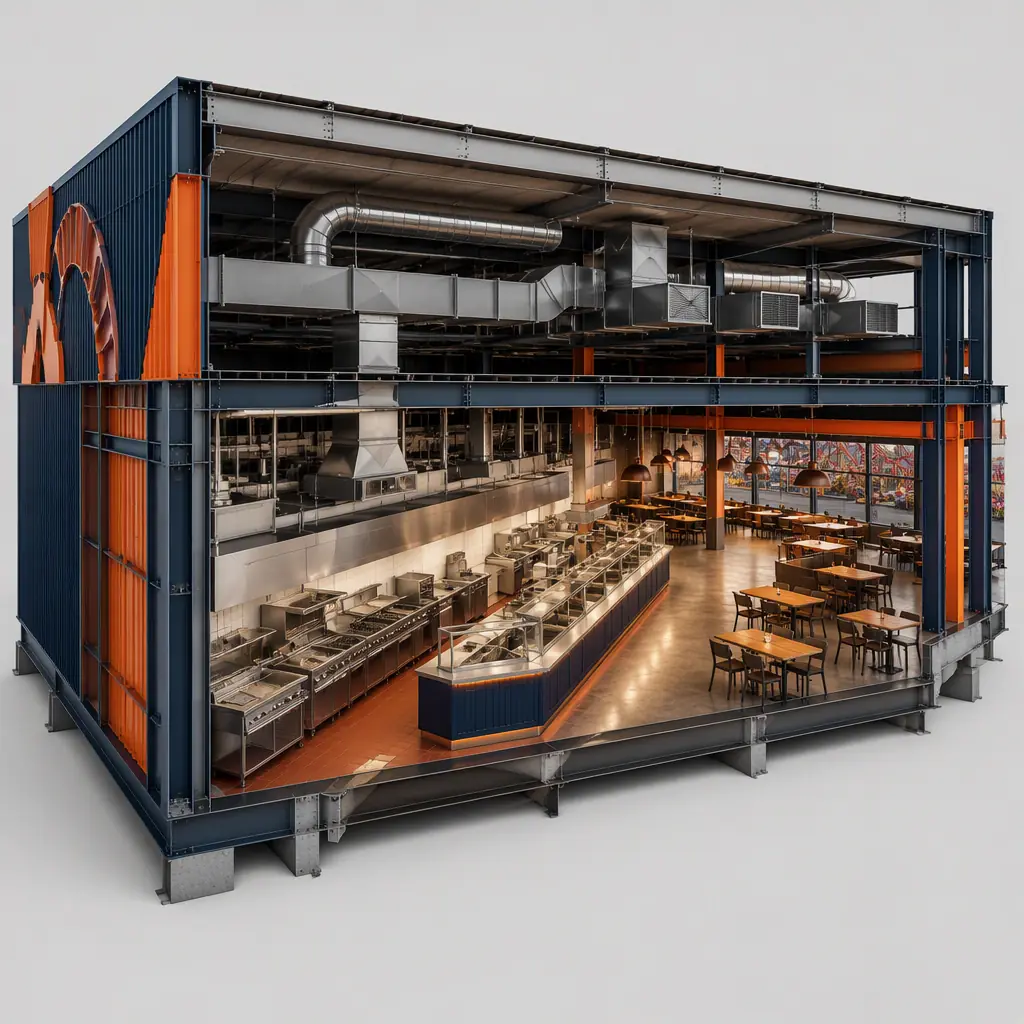 Photorealistic 3D cross-section render of modular theme park food court building, showing commercial kitchen with stainless steel equipment, serving line, seating area, HVAC ducting and grease exhaust system, clean engineering visualization, no text, no labels