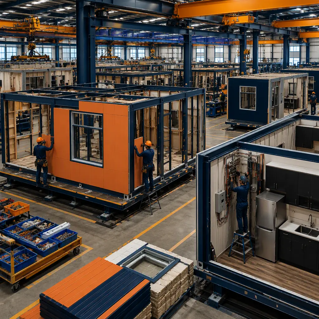 Factory floor of modular prefabricated construction facility, themed steel-frame building modules in production with colorful facade panels being attached, workers installing kitchen equipment and electrical systems (no faces), assembly line, dark navy and warm steel orange accents