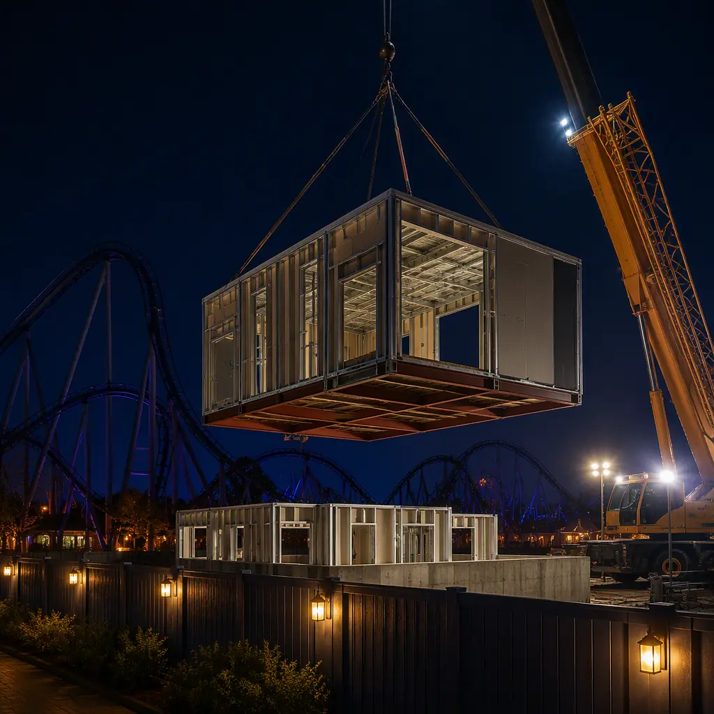 Crane lifting prefabricated steel-frame building module over theme park fence at night, off-season construction, module positioned onto foundation beside roller coaster track, work lights illuminating, module seams visible, no people faces, no text