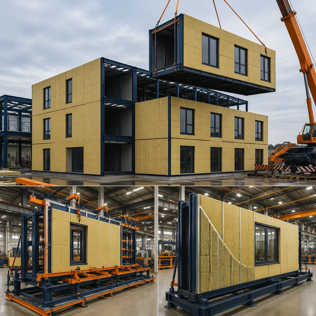 Modular prefabricated building under construction with exterior continuous insulation layer visible, steel frame modules with mineral wool insulation boards being installed on factory jig, crane positioning module unit with complete thermal envelope assembly, clean geometric facade with visible module seams, dark navy structural elements and warm steel orange safety accents