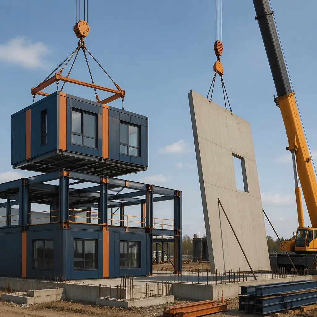 Side-by-side comparison on construction site: completed modular building unit with steel frame and factory-installed windows being craned into position beside tilt-up concrete wall panel being lifted into vertical position by crane, both construction methods visible simultaneously on active job site, color palette: dark navy accents with warm steel orange details