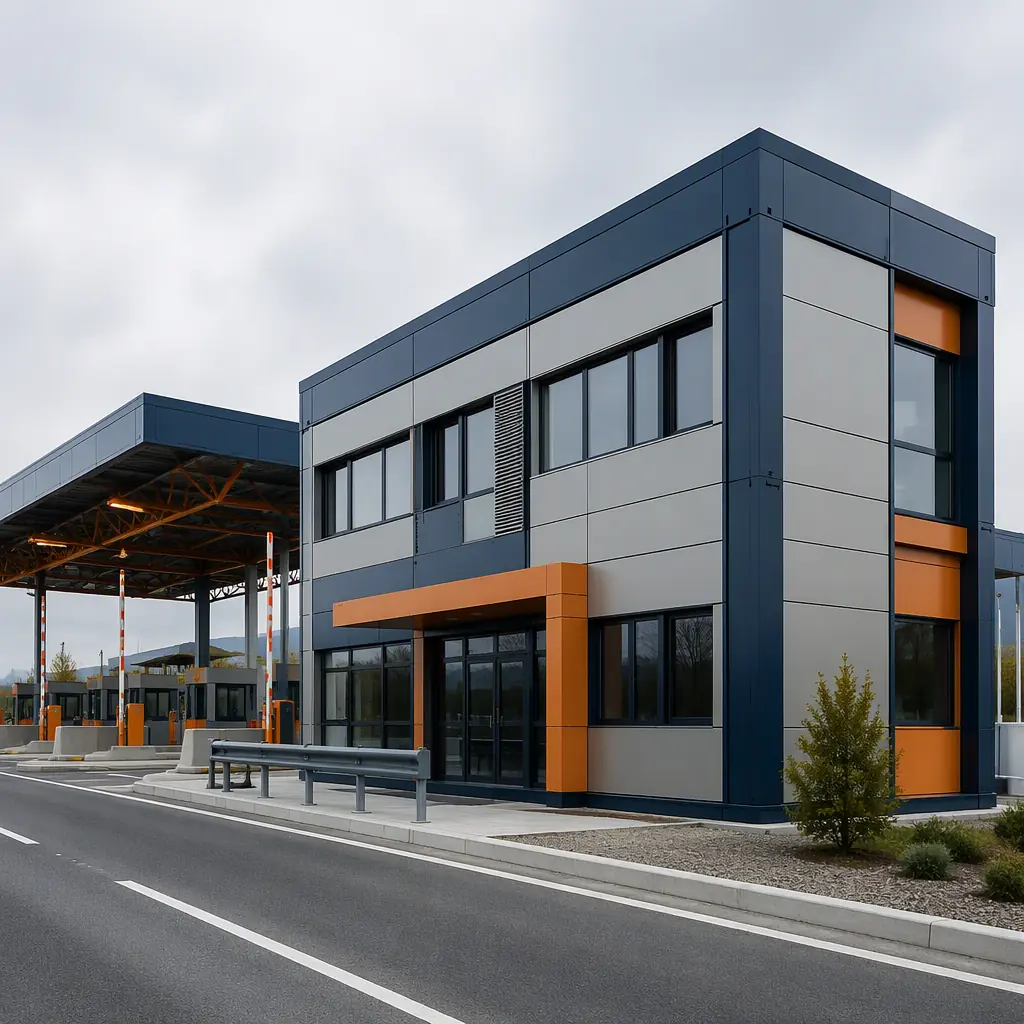 Modern modular toll plaza building exterior, prefabricated steel-frame administration building with clean geometric lines beside highway toll lanes with steel canopy, module seams visible, dark navy structural steel with warm steel orange accents, overcast daylight, no text, no logos