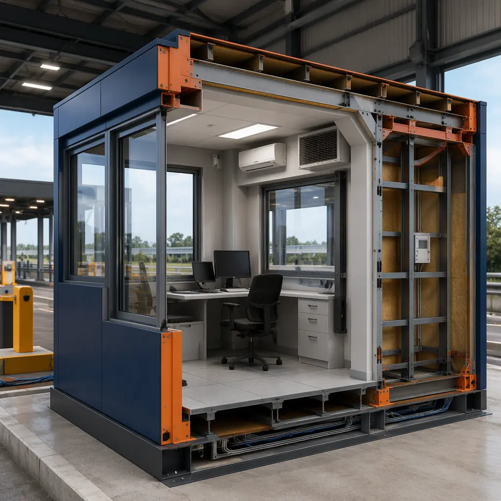 Photorealistic 3D cross-section render of modular toll booth, steel frame visible, showing operator workstation with ergonomic layout, HVAC unit, security glazing, raised floor for cabling, clean engineering visualization, no text, no labels