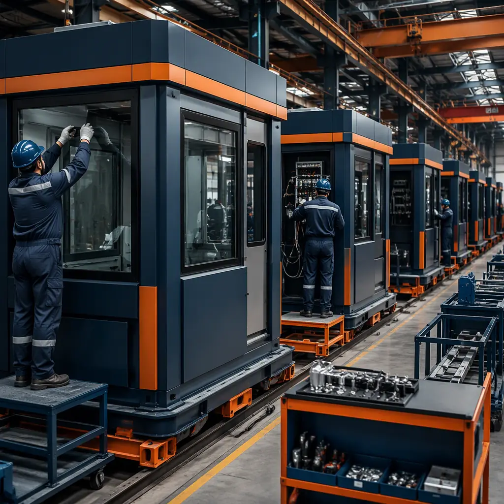 Factory floor of modular prefabricated construction facility, compact steel-framed toll booth modules in production line, workers installing glazing and electrical systems (no faces), quality inspection station, dark navy and warm steel orange accents