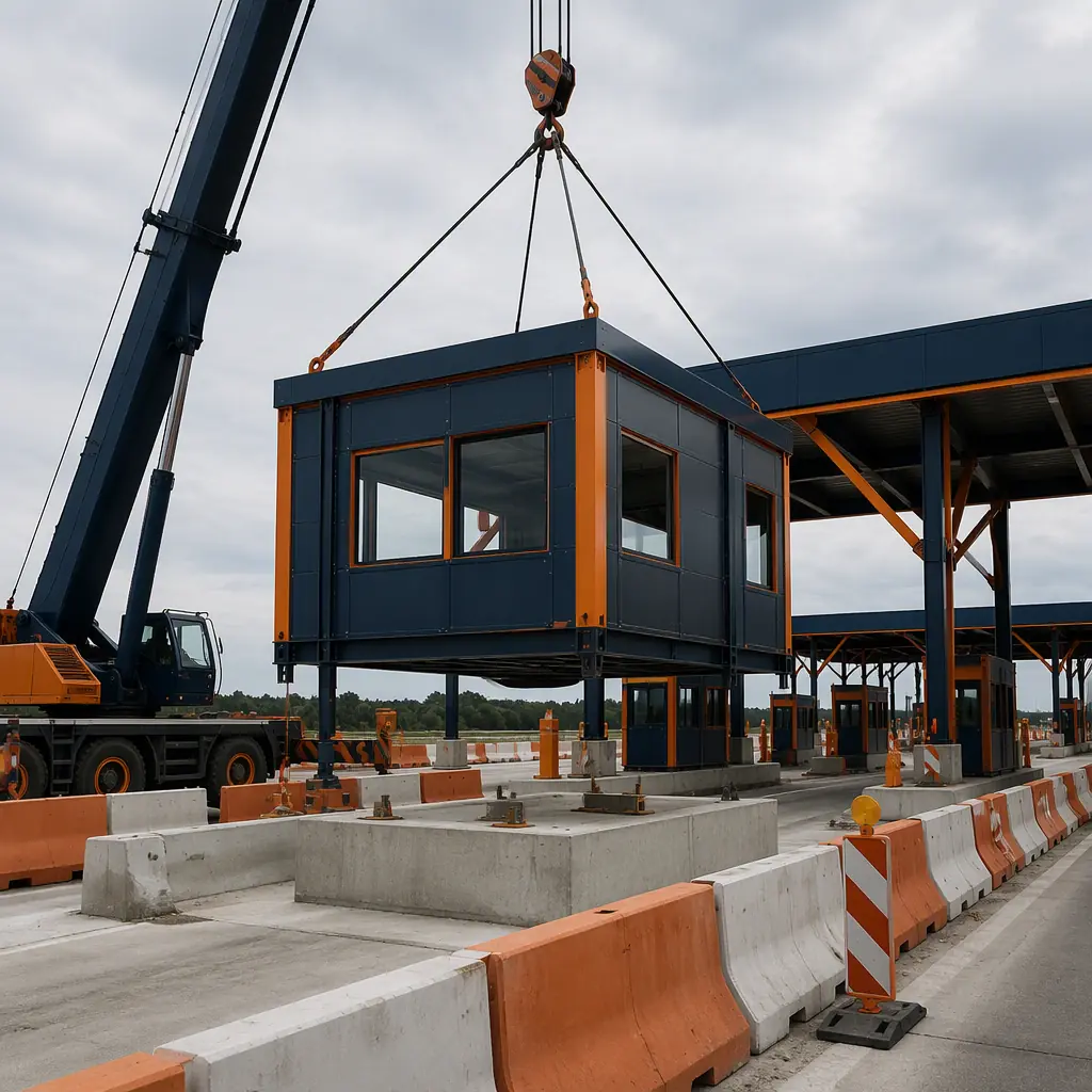 Crane lifting prefabricated steel-frame toll booth module onto prepared foundation at highway plaza construction site, traffic lanes closed with barriers, module being positioned, module seams visible, no people faces, no text