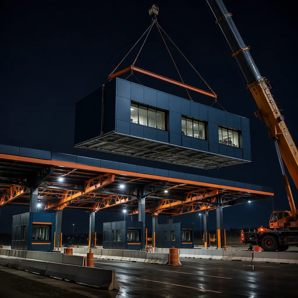 Modular toll plaza buildings being positioned by crane over highway lanes at night, canopy steel structure installed, work lights illuminating construction, module seams visible, no people faces, no text
