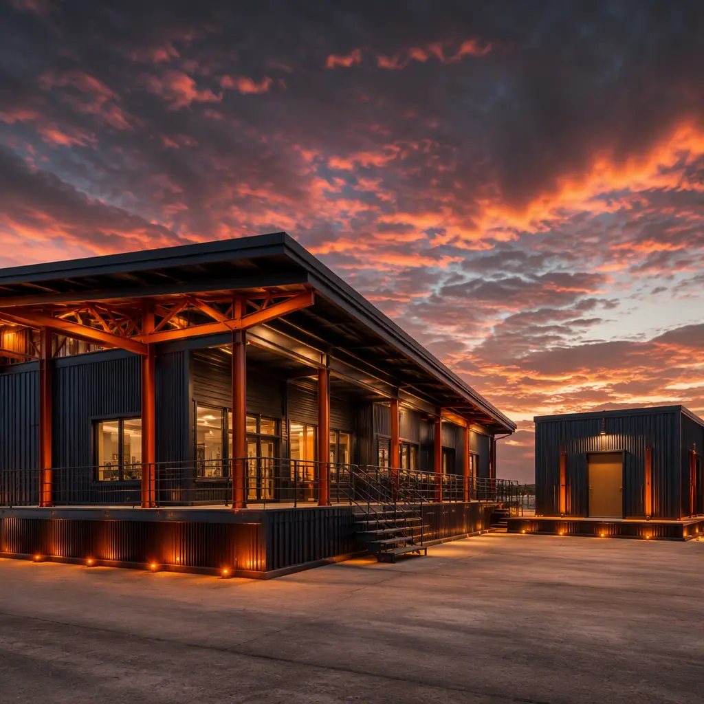 Completed storm-resistant modular community building at dusk, steel-frame prefabricated structure with dark navy cladding and warm steel orange accent lighting, reinforced roof line, adjacent safe room structure, dramatic sunset sky
