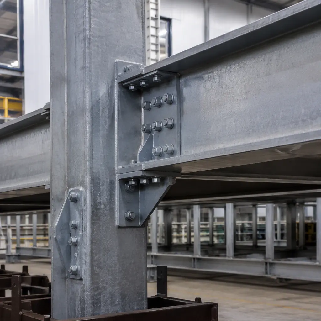 Heavy steel frame connection on a prefabricated building module, thick galvanized steel column and beam junction with high-strength bolted connection plates and gussets, factory floor background, structural engineering photography