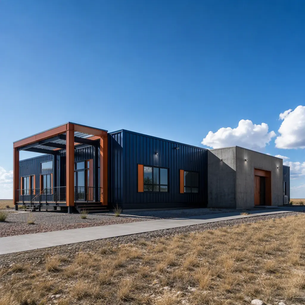Storm-hardened modular building on the Great Plains, steel-frame prefabricated structure with reinforced concrete safe room wing, dark navy cladding with warm steel orange accents, impact-resistant glazing, clear sky with distant cumulus clouds