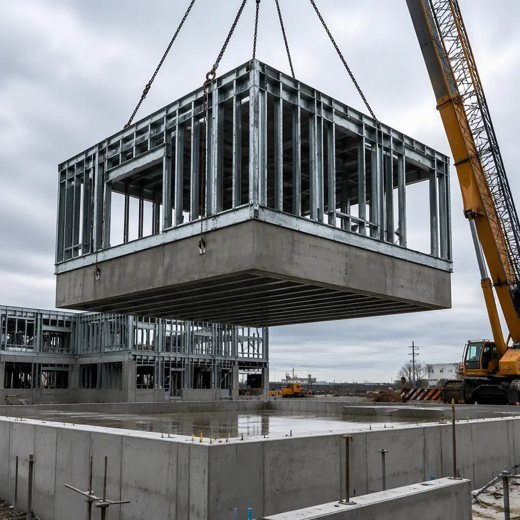 Crane lifting a reinforced steel-frame modular building section onto a foundation, storm-hardened module with heavy gauge steel frame and concrete shear wall base, overcast sky, modular prefabricated construction process