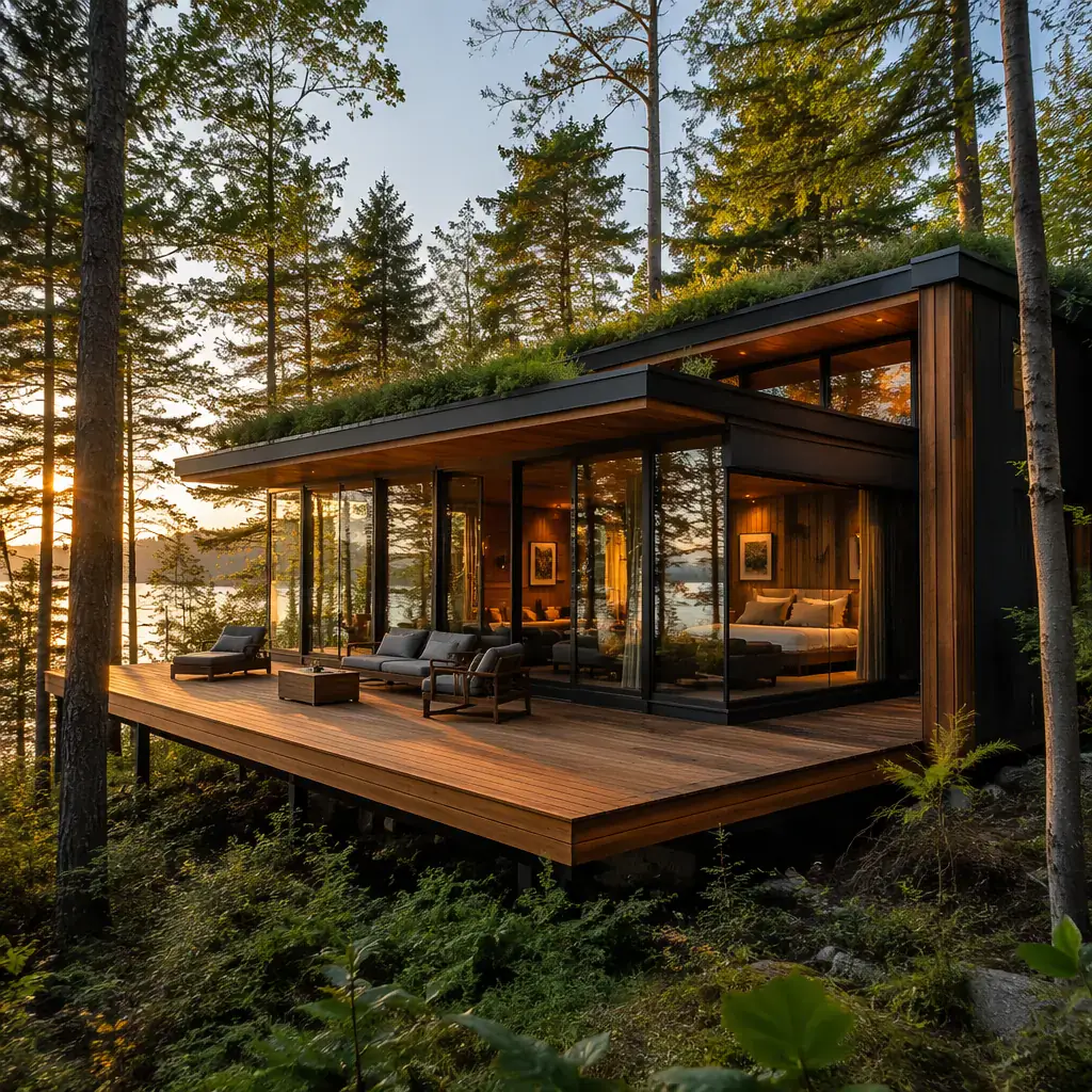 Modern modular eco-lodge unit nestled in forest setting, large glass facade reflecting trees and sky, timber and steel exterior with green roof, wooden deck extending into natural landscape, warm interior lights visible at dusk, sustainable luxury aesthetic