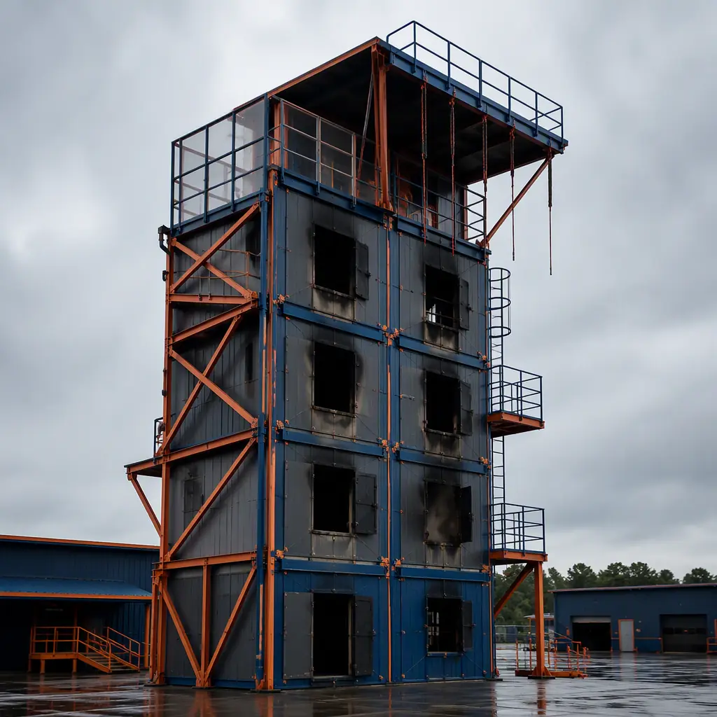 Modern modular fire training tower exterior, multi-story steel-frame training structure with dark burn openings, rappelling deck at top, clean geometric lines with module seams visible, training ground setting with fire station in background, dark navy steel with warm orange accents, no people faces, no text, no logos