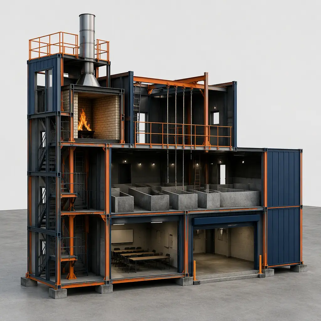 Photorealistic 3D cross-section render of modular fire training tower, showing burn room with refractory lining and exhaust stack, smoke maze floor, rappelling deck with anchor points, classroom and apparatus bay support building module block, clean engineering visualization, no text, no labels