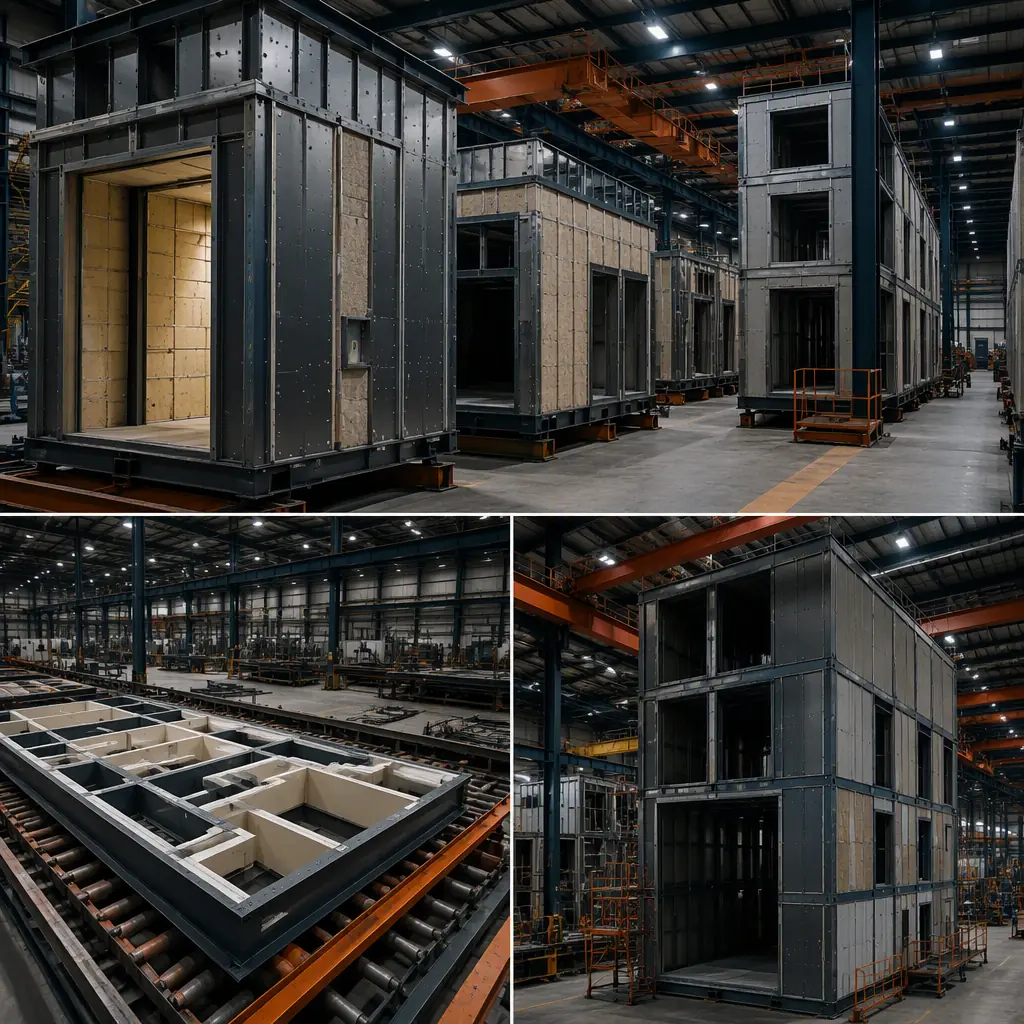 Factory floor of modular prefabricated construction facility, fire training tower modules with fire-rated steel panels and refractory burn room lining being fabricated, smoke maze floor sections on assembly line, dark navy and warm steel orange accents, no people faces, no text
