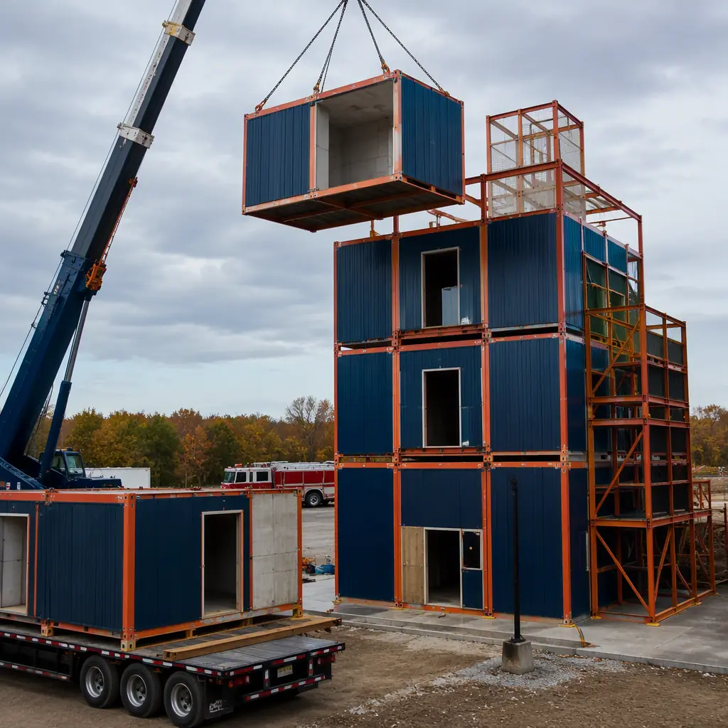 Crane lifting prefabricated fire training tower module with fire-rated steel panels and burn room lining onto training ground foundation, module seams visible, safety barriers and training ground infrastructure, dark navy steel with warm orange accents, no people faces, no text