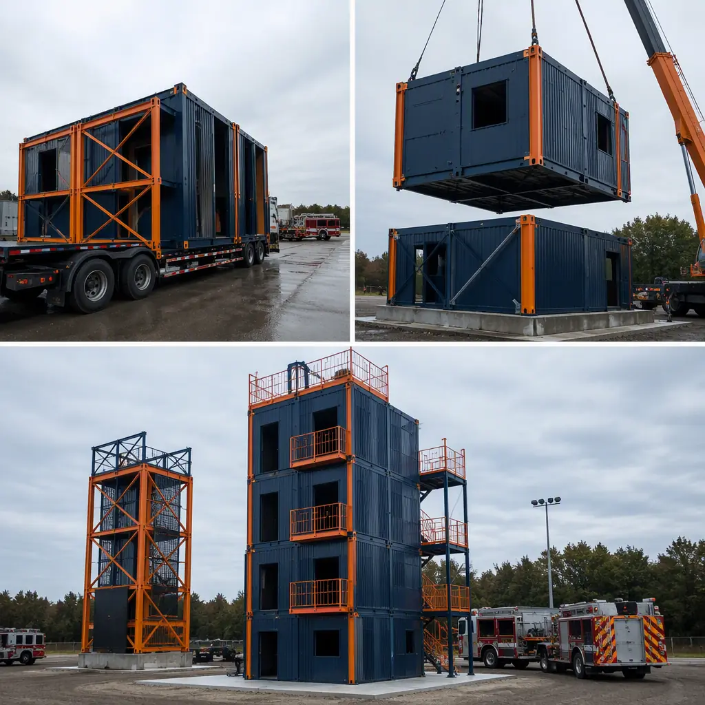 Prefabricated fire training tower modules arriving on flatbed trucks at training ground, crane positioning fire-rated steel module onto concrete foundation pad, drill ground and fire apparatus staged in background, module seams visible, dark navy steel with warm orange accents, no people faces, no text, no logos