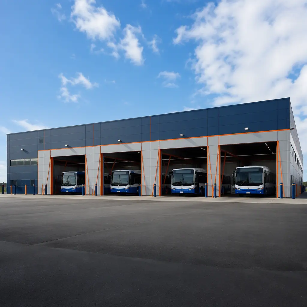 Completed modular transit bus depot exterior, large prefabricated steel-frame facility with clean geometric lines, grid pattern facade reflecting factory-assembled modules, bus storage bays with module seams visible, dark navy steel accents with warm orange detailing, buses parked at bays, professional architectural photography