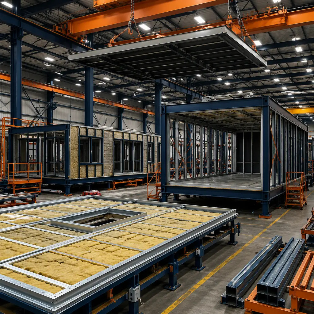Factory floor of modular construction facility, large steel-framed modules for a transit bus depot being assembled, wall panels being fabricated with insulation, overhead crane lifting a roof section, workers installing steel framing, industrial manufacturing environment with clean bright lighting