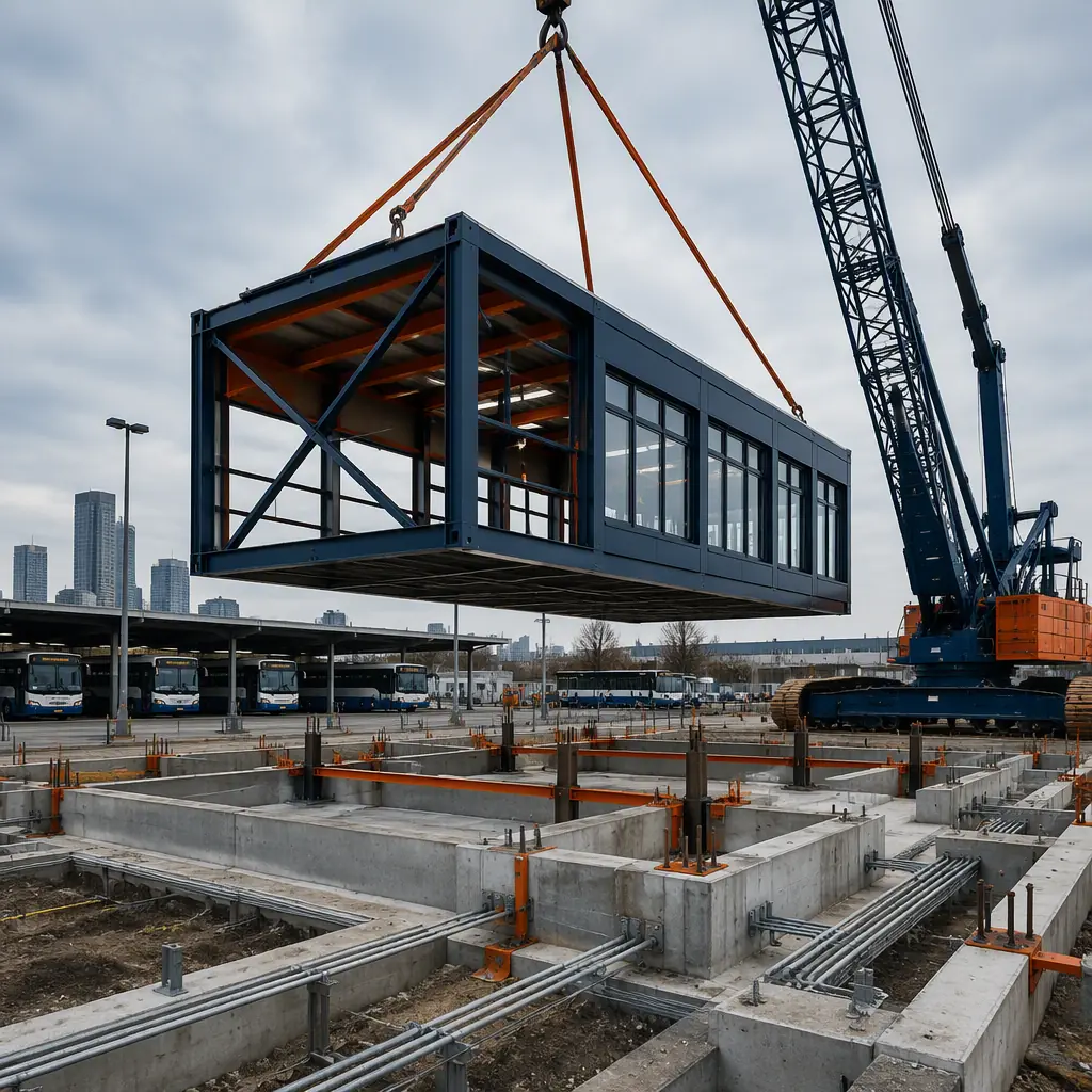 Crane lifting a prefabricated steel-frame module onto a transit bus depot foundation at a construction site, module with pre-installed windows and navy steel accents, clear-span steel structure visible, urban industrial setting with concrete slab and utility trenches