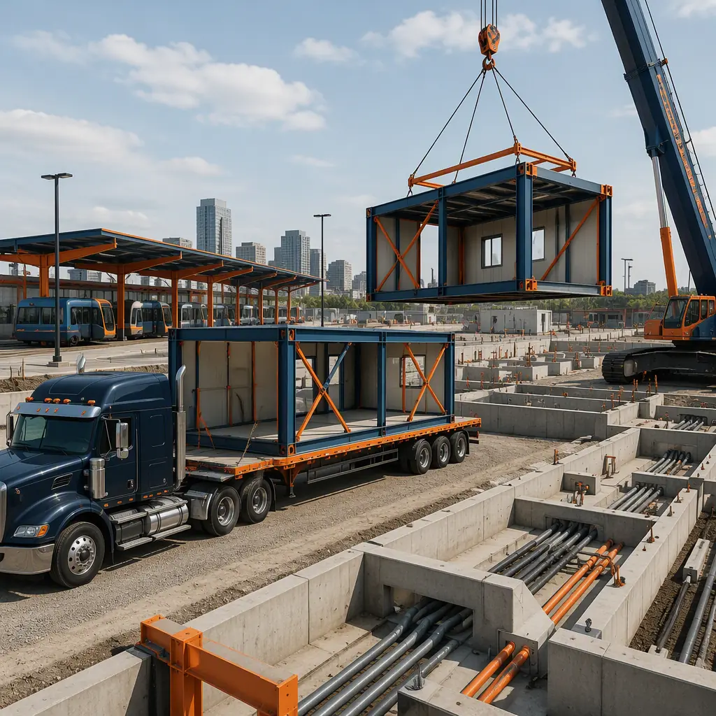 Flatbed truck delivering prefabricated steel-frame modules to a transit depot construction site, module being positioned by crane, clean organized site with concrete foundation and utility trenches, urban infrastructure project with navy and orange accents on modules