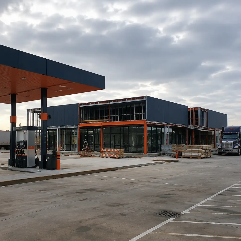 Modular truck stop and travel plaza exterior, prefabricated steel-frame convenience store building with glass storefront beside fuel canopy and truck parking lanes, clean geometric industrial architecture, module seams visible, dark navy structural steel with warm steel orange accents, no people, no text