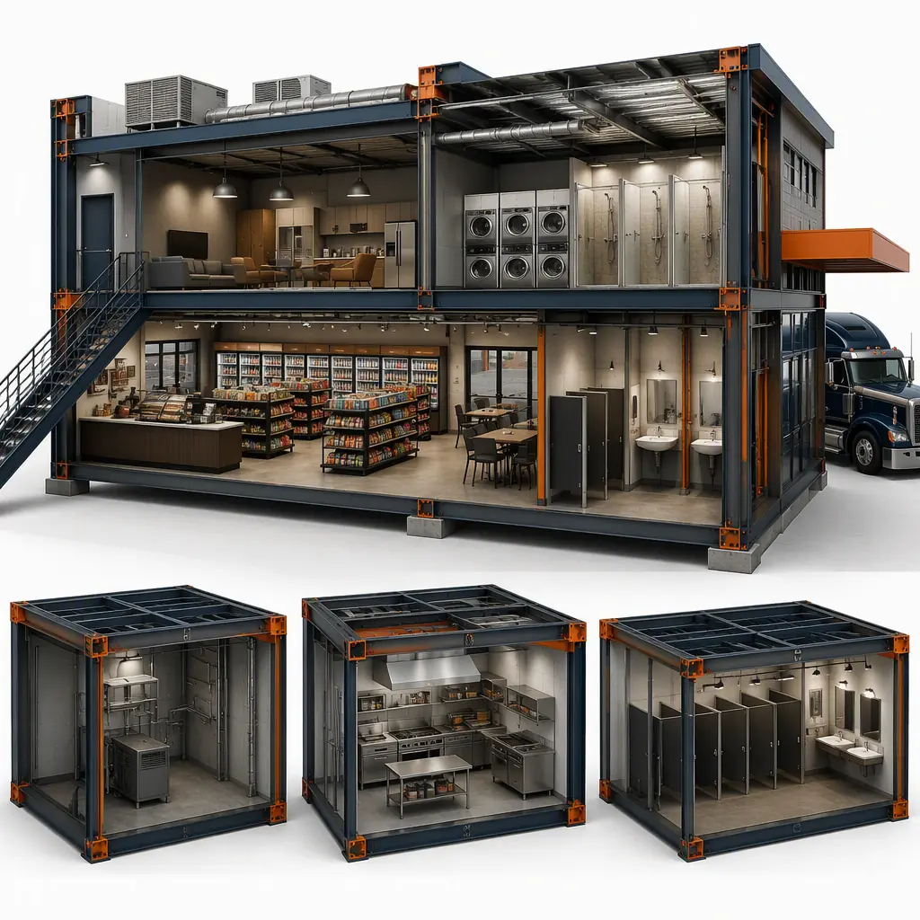 Photorealistic 3D cross-section render of modular truck stop building, steel frame structure showing convenience store sales floor, driver lounge with shower and laundry rooms, kitchen prep area, restrooms, mechanical room, clean engineering visualization, no text, no labels