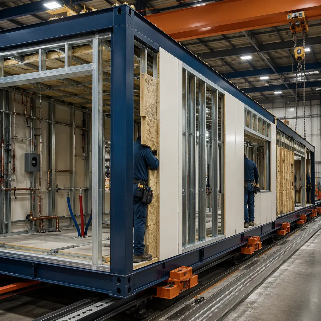Factory floor of modular prefabricated construction facility, steel-framed convenience store module under assembly, insulated wall panels and MEP systems being installed on module frame, workers fitting panels (no faces), overhead crane, assembly line, dark navy and warm steel orange accents