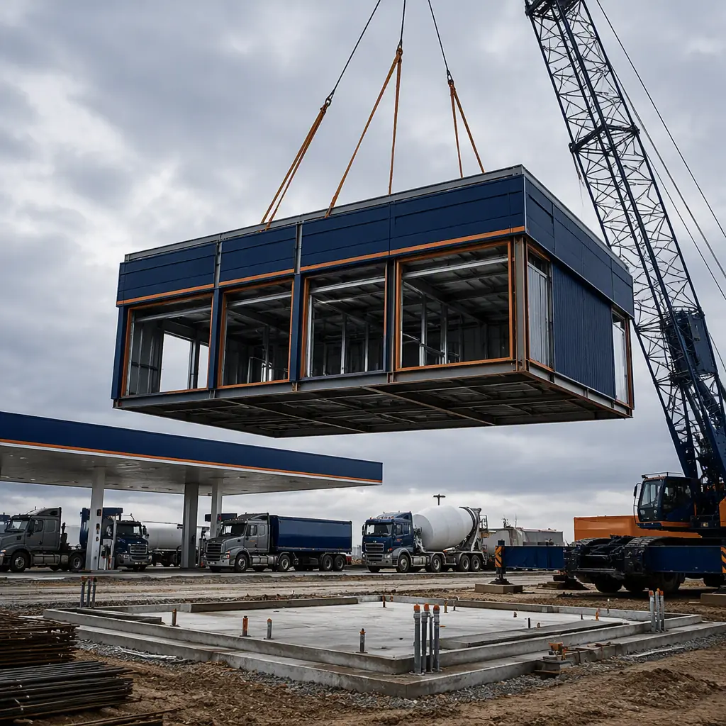 Crane lifting prefabricated steel-frame convenience store module onto prepared foundation at truck stop construction site, fuel canopy and concrete truck parking lanes in foreground, module seams visible, dark navy structural steel with warm steel orange accents, no people