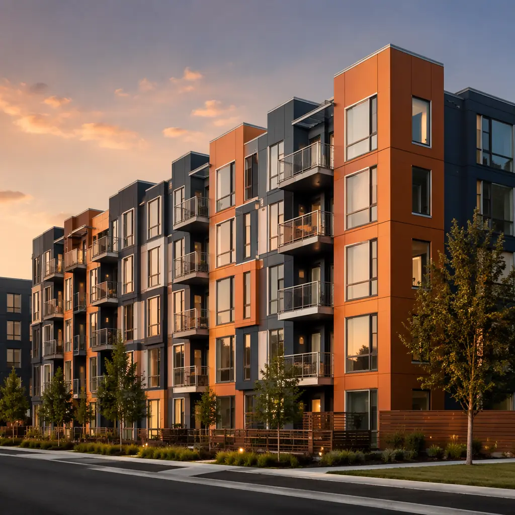 Completed turnkey modular apartment building exterior, modern architectural facade with repeating module pattern visible in facade rhythm, warm evening light, move-in ready condition, landscaping complete, professional architectural photography style