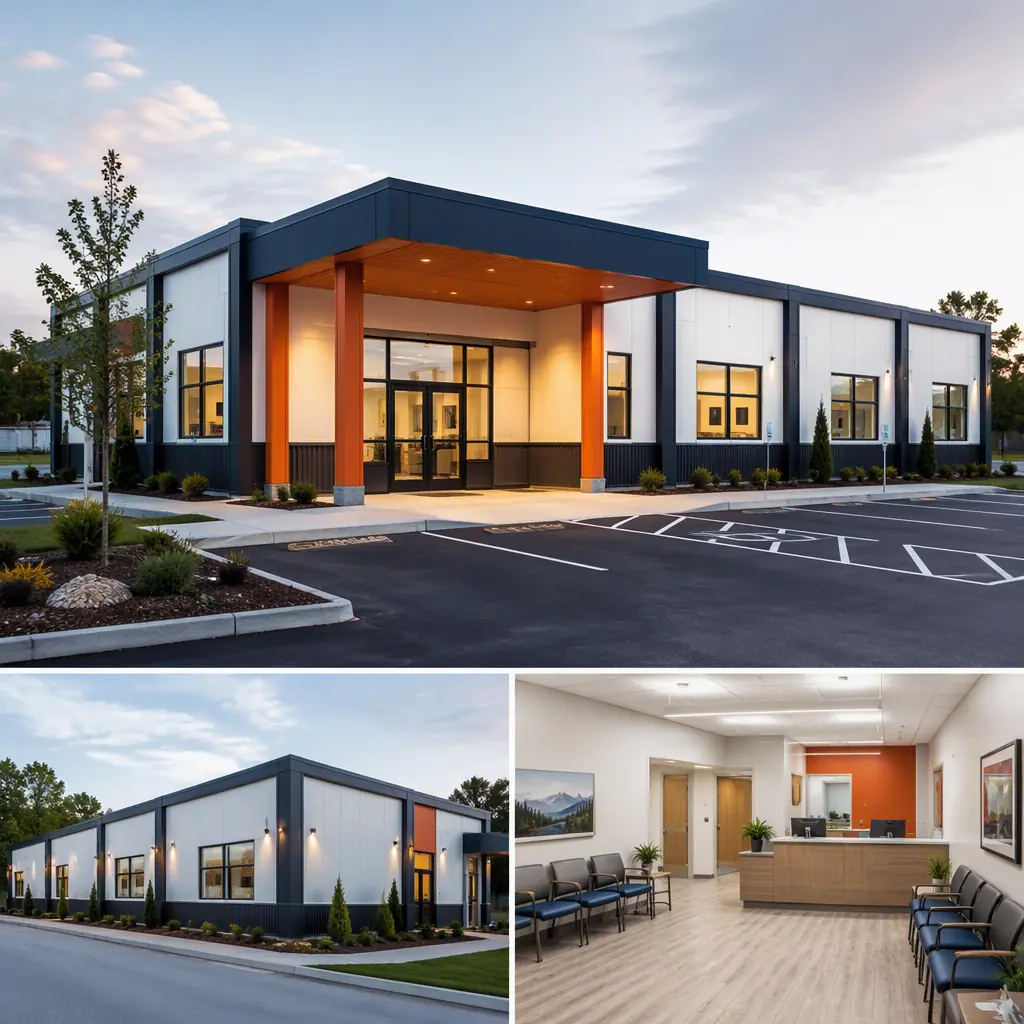 Completed modular urgent care center exterior, single-story prefabricated medical building with clean white facade and dark navy steel accents, prominent entrance canopy, walk-in clinic signage area, landscaped parking in front, modern healthcare architecture with warm steel orange detailing