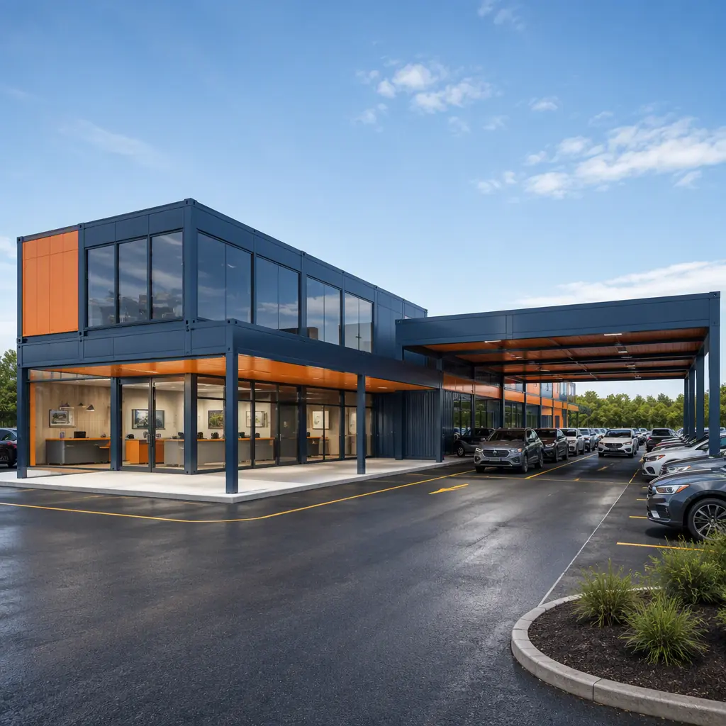 Modern modular vehicle rental facility, factory-assembled steel-frame customer service and rental counter hall beside covered ready-return lanes and vehicle staging lot, module seams visible, clean geometric lines, dark navy steel with warm orange accents, no people faces, no text, no logos