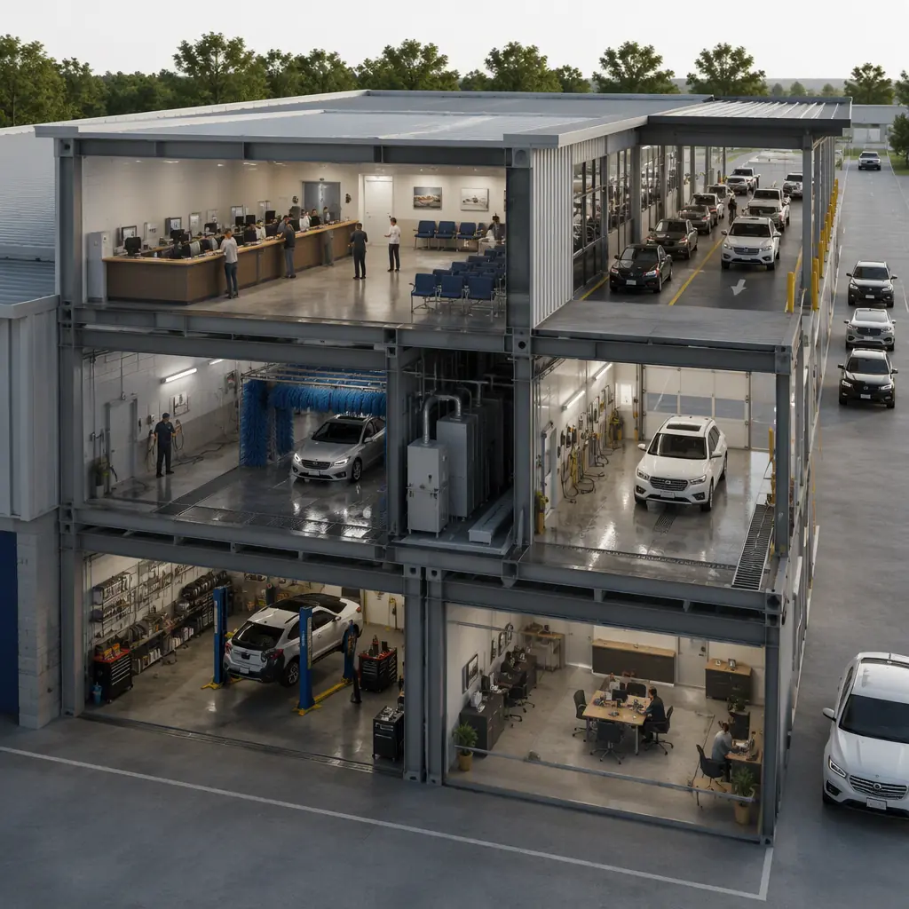 Photorealistic 3D cross-section render of modular vehicle rental facility, showing stacked steel-frame counter hall, covered ready-return bays, wash and detail bay with drains and make-up air, maintenance shop and fleet office, vehicle staging lot, clean visualization, no text, no labels