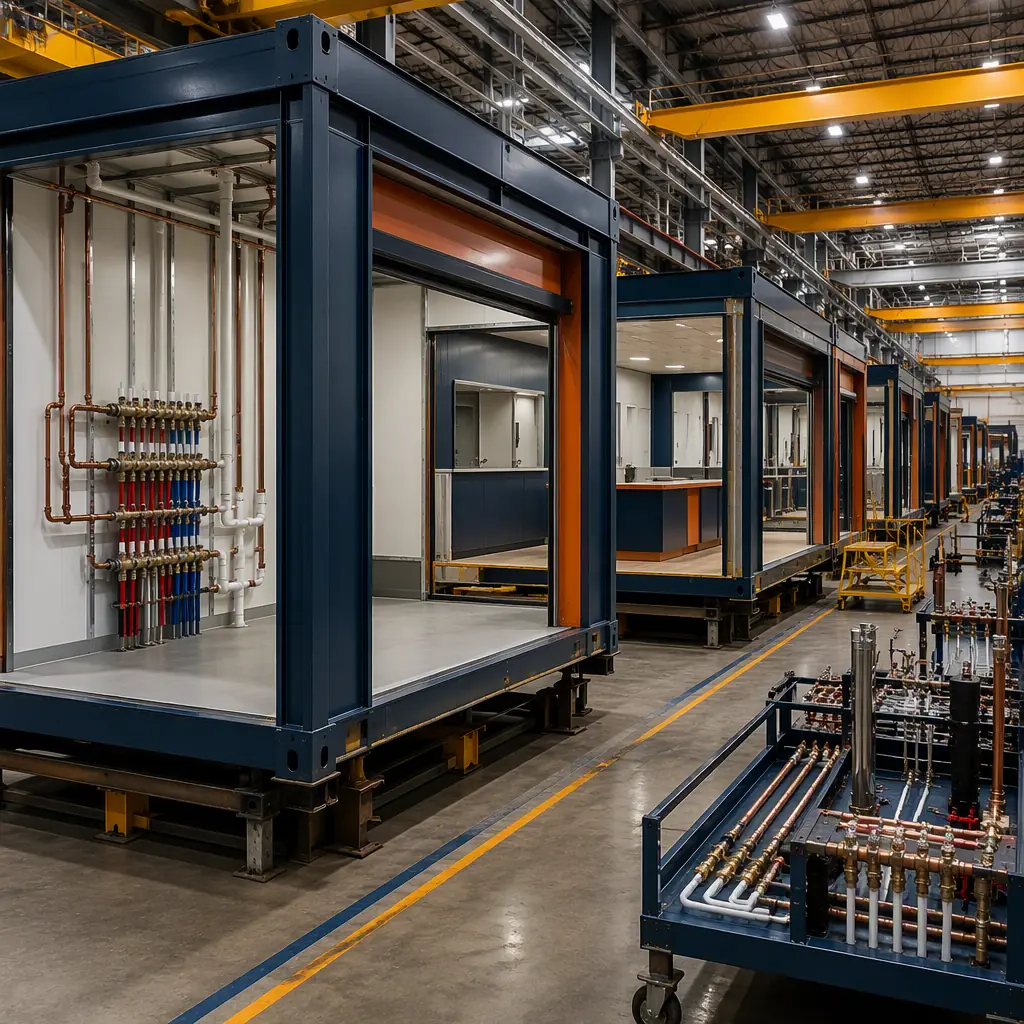 Factory floor of modular prefabricated construction facility, steel-frame vehicle rental facility modules with pre-installed plumbing manifolds and vehicle door openings being fabricated, counter hall and wash bay modules on line, module seams visible, dark navy and warm steel orange accents, no people faces, no text