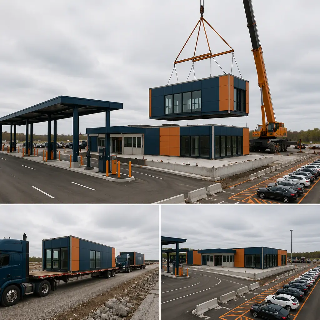 Prefabricated vehicle rental facility modules arriving on flatbed trucks at site, crane positioning steel-frame counter hall module onto foundation beside ready-return lanes and vehicle staging lot, module seams visible, dark navy steel with warm orange accents, no people faces, no text, no logos