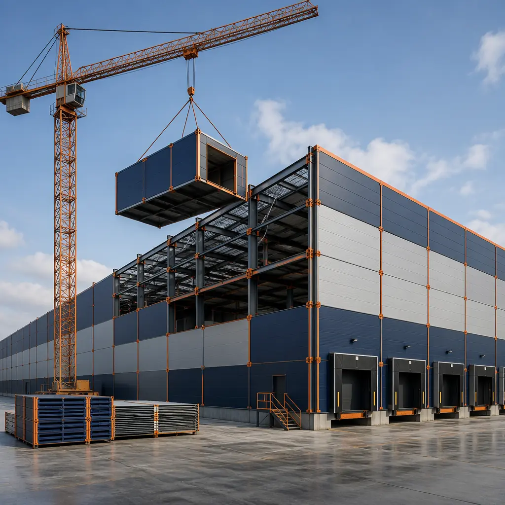 Modular industrial warehouse building exterior, prefabricated steel frame modules being craned into position, large clear-span warehouse structure with loading docks visible, clean geometric lines, module seams visible, factory-assembled construction, color palette: dark navy and steel orange accents