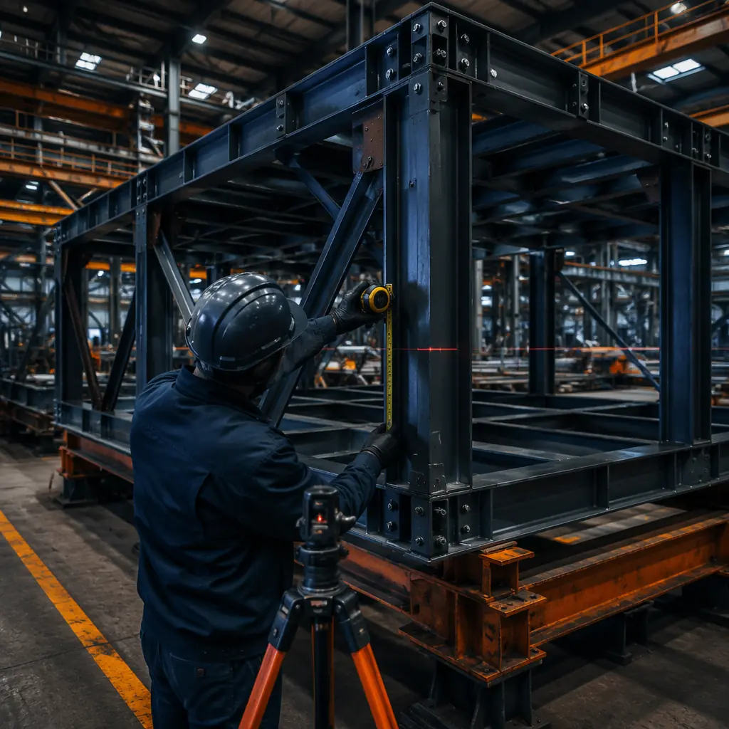 Quality assurance inspector examining completed steel frame modular unit on factory floor, structural connection points being verified with precision instruments, weld and bolt connections visible, dark navy structural steel with warm orange safety markings, industrial precision lighting