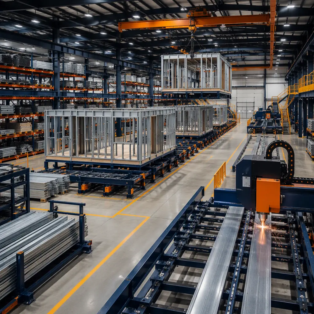 Clean organized modular prefabricated construction factory floor, steel frame modules on assembly line with precise material handling, CNC cutting station with optimized material nesting, organized material storage racks with labeled inventory, no visible construction debris or waste on factory floor, dark navy structural elements with warm steel orange safety markings, factory overhead crane moving completed module