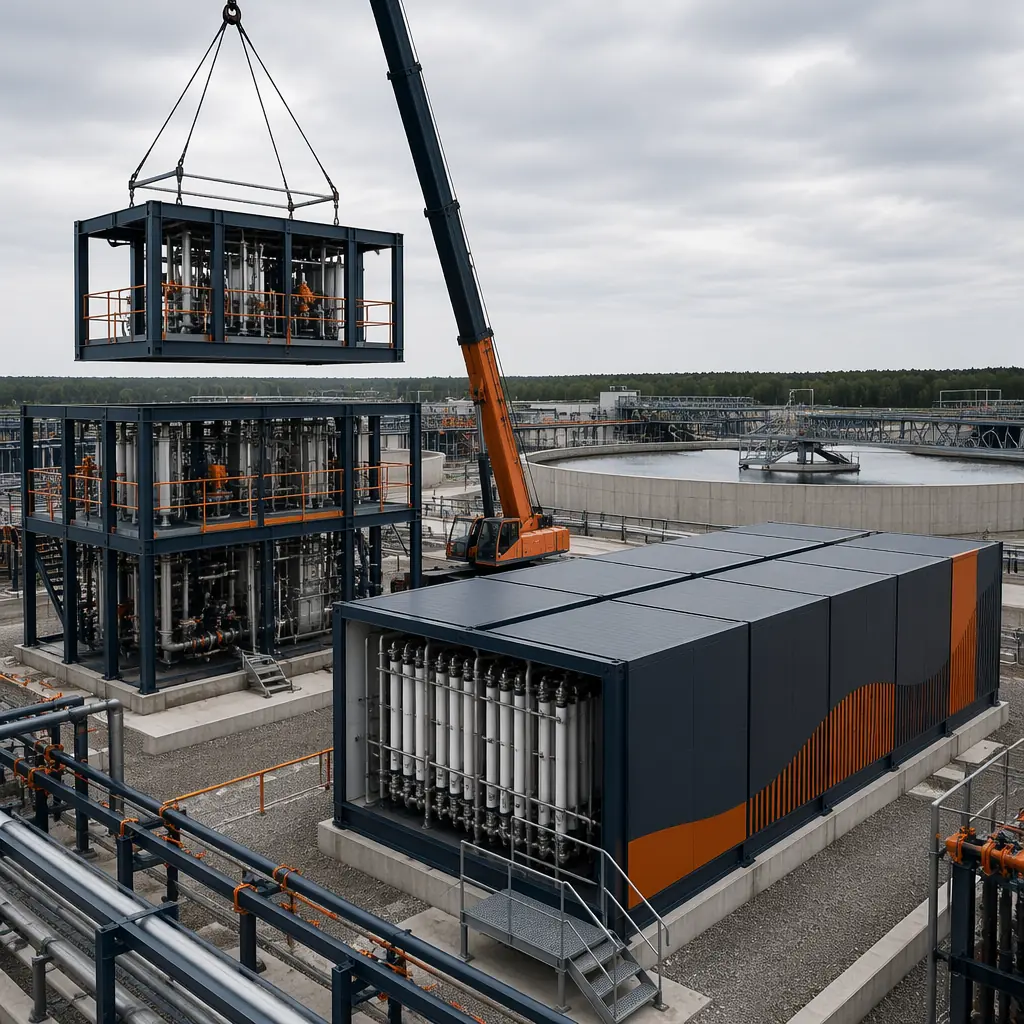 Modular water treatment facility with prefabricated process modules, steel-framed chemical feed building units being positioned by crane, membrane filtration module enclosure with clean geometric facade, module seams visible on factory-built treatment units, clarifier tank in background, dark navy structural steel with warm steel orange accent details, industrial infrastructure construction site