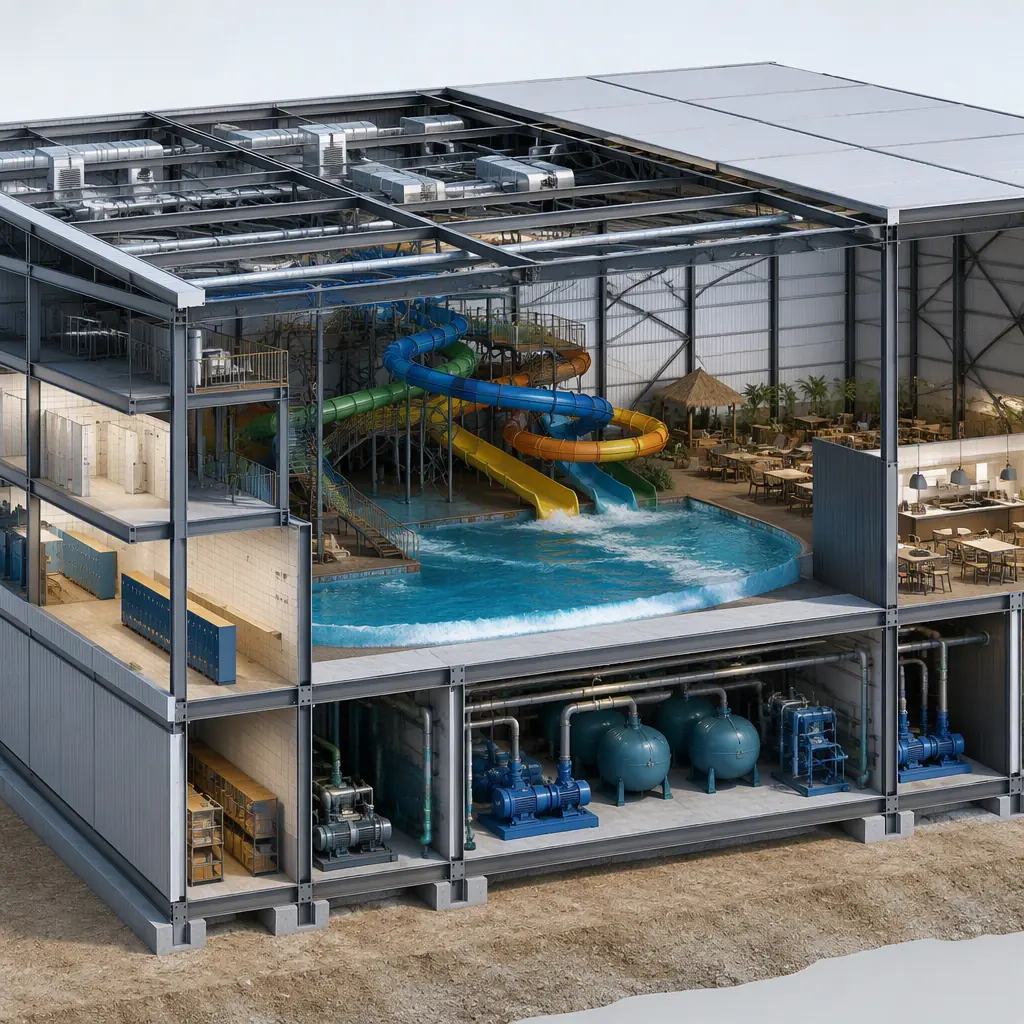 Photorealistic 3D cross-section render of modular indoor water park building, showing pool hall with slide tower structure, wave pool machinery room with pumps and filtration tanks below, HVAC dehumidification ducting in roof space, locker room and food court areas, steel frame module seams visible, clean engineering visualization, no people, no text, no labels
