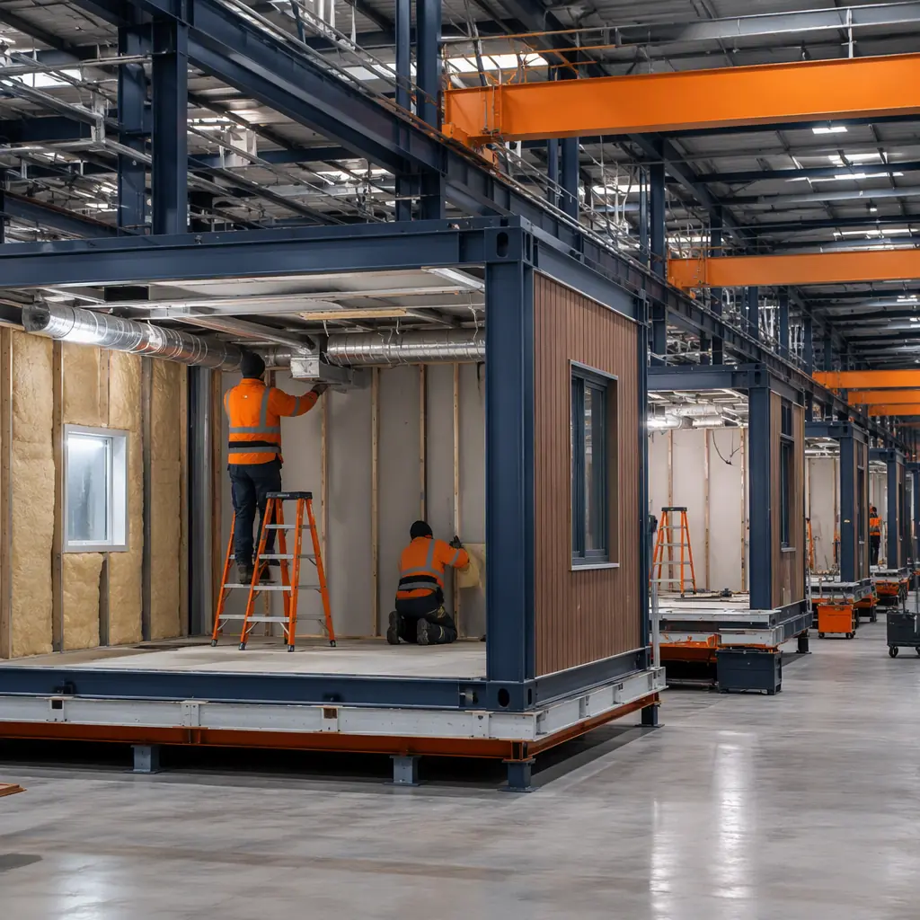 Factory floor of modular prefabricated construction facility, large clear-span building modules in production with steel roof trusses, workers installing insulation panels and mechanical ducting without visible faces, assembly line, dark navy and warm steel orange accents, no text, no logos