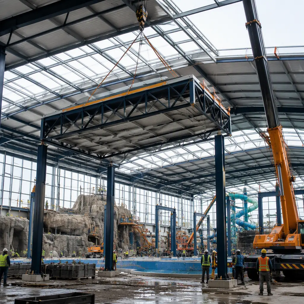 Crane lifting prefabricated steel-frame roof module over indoor water park construction site, large clear-span hall under construction, module being lowered onto steel columns, module seams visible, work crews in distance without visible faces, dark navy and warm steel orange accents, photorealistic construction photography, no text, no logos