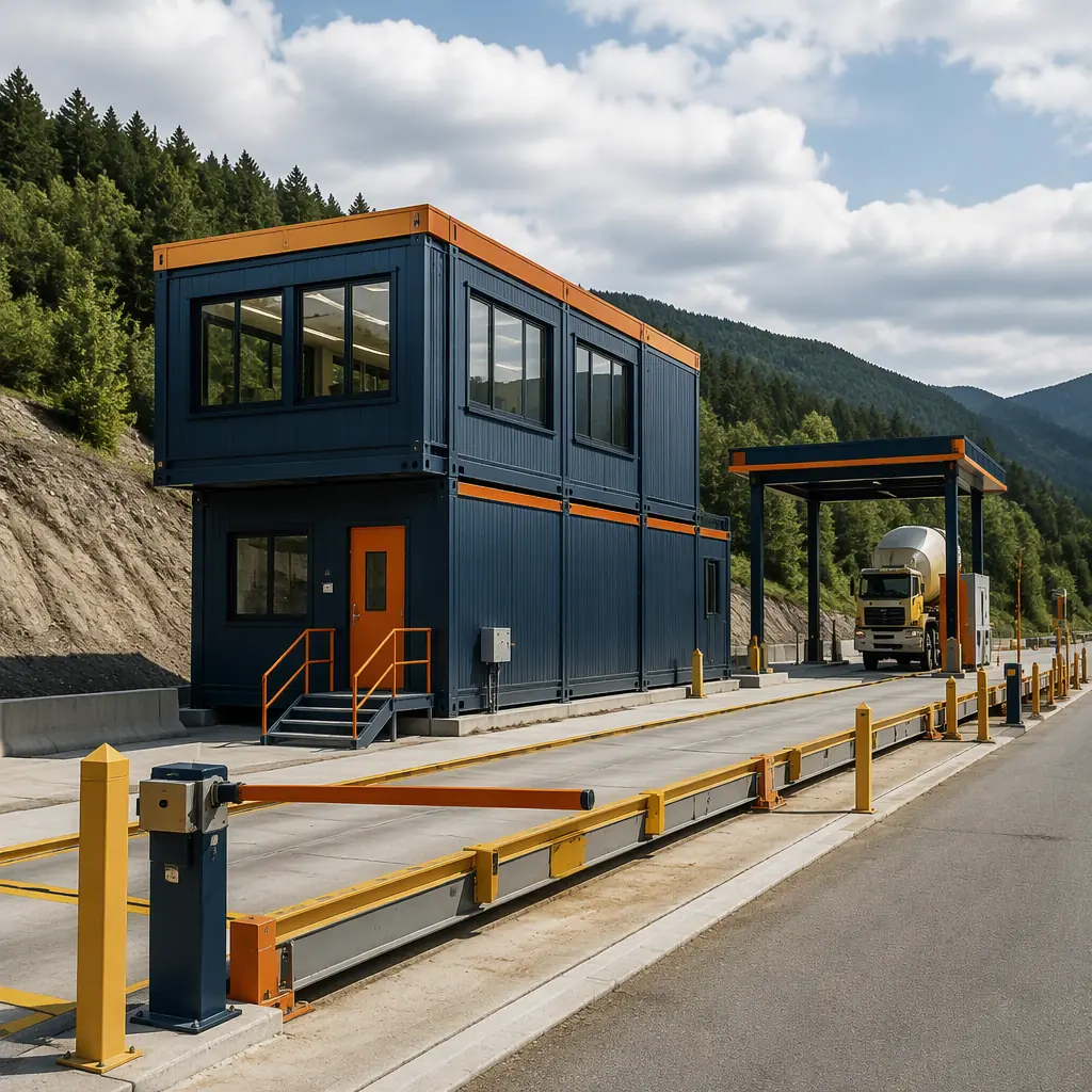 Modular weigh station and scale house exterior, prefabricated steel-frame inspection building beside concrete truck scale and approach lanes, clean geometric industrial architecture, module seams visible, dark navy structural steel with warm steel orange accents, no people, no text
